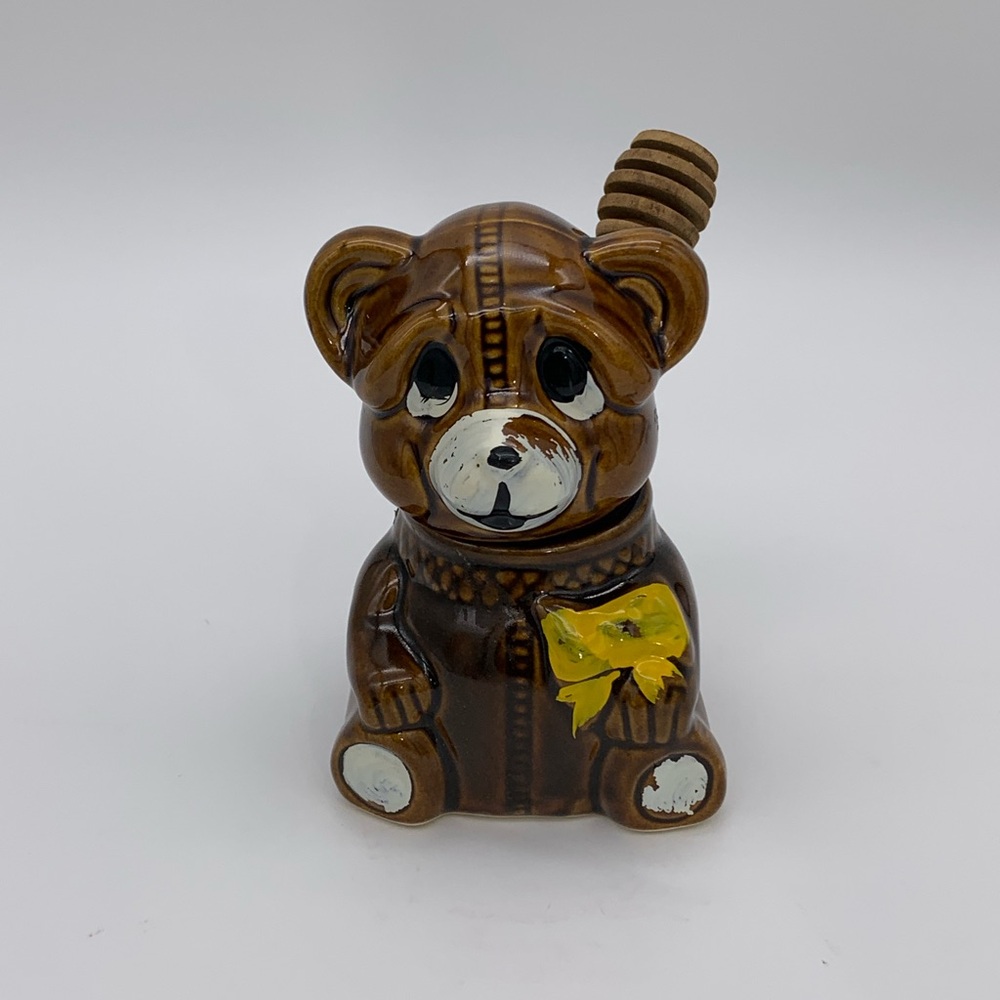 1982 Vintage Retro 3pc. Honey Bear Pot With Wooden Dipper Houston Foods